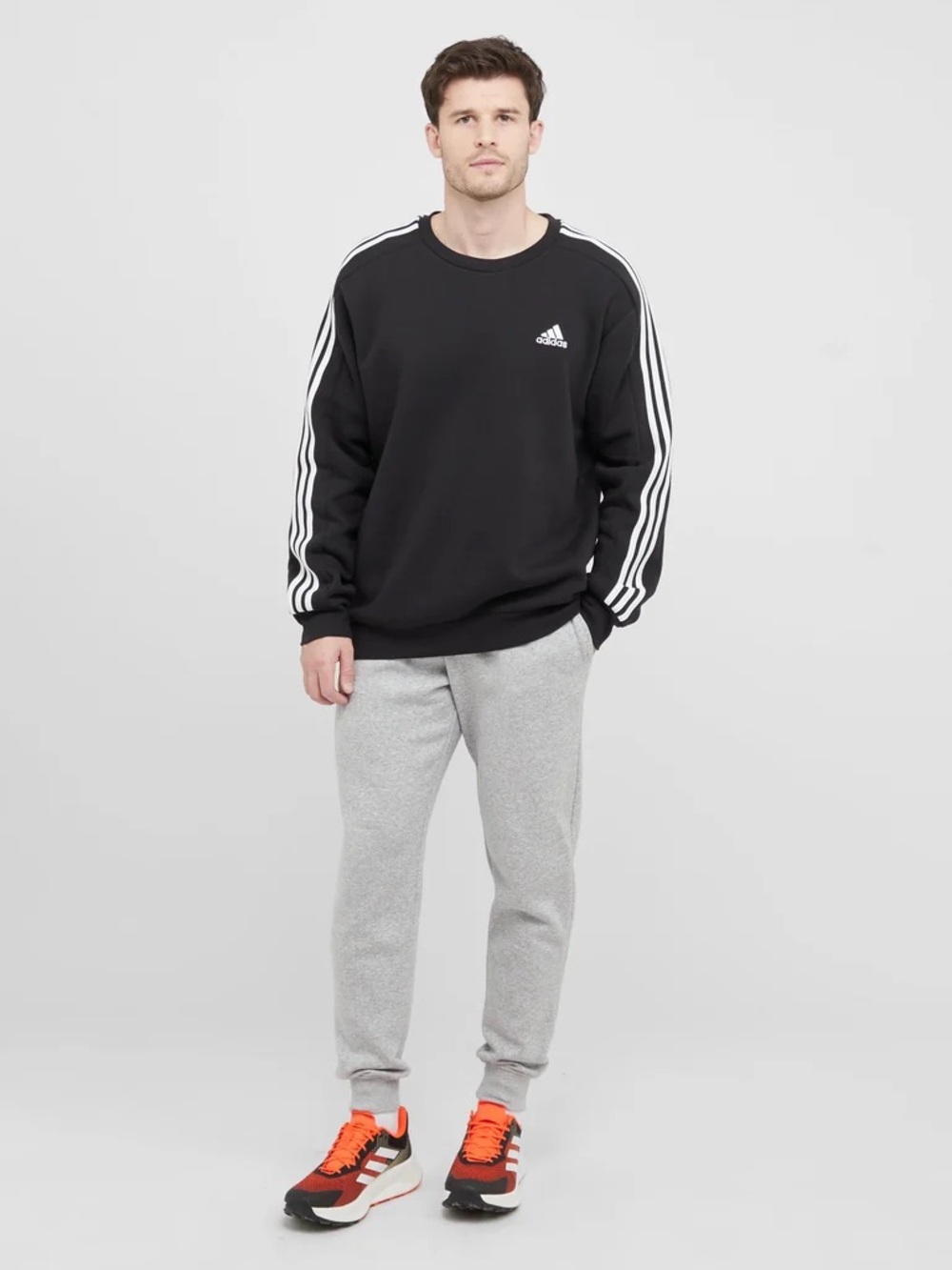 Vintage Adidas Men's Black Long-Sleeve Crew with White 3-Stripes
